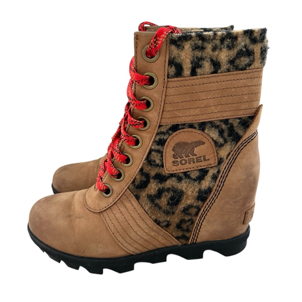 SOREL Lexie Velvet Tan Leather + Leopard Faux Fur Hidden Wedge Heel Boots 6